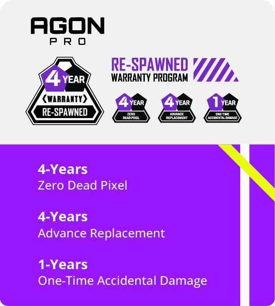 AGON PRO Re-Spawned Warranty Program with 4-Years Zero dead pixel guarantee, 4-Years Advance Replacement, and 1-Year Accidental One-Time Replacement Warranty